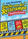 "Fabio Baumberger: Stücke von der Resterampe - Dialektschwänke." Vier Büchlein auf Förderband mit bunten Covern.