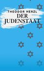 "Theodor Herzl Der Judenstaat" in schwarzer Schrift auf blauem Hintergrund, mit Davidsternen verziert.