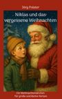 Titel: "Niklas und das vergessene Weihnachten". Illustration: Ein Junge mit Mütze und Schal neben einem lächelnden Weihnachtsmann.