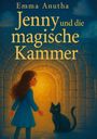 "Jenny und die magische Kammer" steht in großer Schrift über einem Mädchen in blauer Kleidung vor einer leuchtenden Tür.