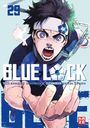 „29 BLUE LOCK“ Illustration mit entschlossenem, schreiendem Charakter in Sportkleidung. Dynamische Pose und intensiver Ausdruck.