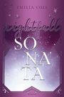 „EMILIA COLE“, „nightfall SONATA“, „ROMAN“. Lila Hintergrund mit funkelnden Sternenhimmel und verschnörkelten Details.
