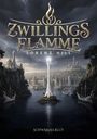 "ZWILLINGS FLAMME" und "LORENZ HILL" über einer mystischen Stadt mit weißen Türmen und Schiffen auf dunklem Wasser.