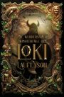„Die wundersamen Zwischenfälle des Loki Laufeyson“ steht in goldener Schrift. Kunstvoller, verzierter Rahmen mit grünen Edelsteinen.