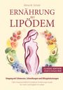 „ERNÄHRUNG BEI LIPÖDEM“, „Umgang mit Schmerzen...“, Illustration einer Frau, umgeben von Obst und Gemüse.