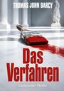 "Das Verfahren" in Rot, darunter "Literarischer Thriller". Ein Pinsel tropft rote Farbe auf weißen Marmorboden.