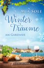 "Winterträume am Gardasee" von Mia Sole. Liebesroman. Ein Tisch mit Pizza, Wein, Katze und Basilikum am See.