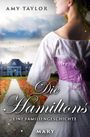 AMY TAYLOR: Die Hamiltons - Eine Familiengeschichte. Eine Frau in einem lila Korsett vor einem Herrenhaus und Mohnfeld.