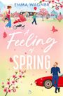 Titel: "A Feeling of Spring". Eine Illustration mit blühenden Bäumen, einem Kinderwagen, Schmetterlingen, einem roten Auto.