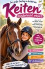 Text: „Der große Einstieg in die Welt des Reiten kinderleicht erklärt.“ Junges Mädchen umarmt ein Pferd, beide lächeln.