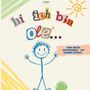 "hi ich bin Ole" aus bunten Buchstaben, fröhliche Strichfigur, Sonne und Graszeichnung.