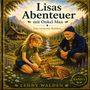 „Lisas Abenteuer mit Onkel Max: Das verletzte Rehkitz“. Illustration eines Mädchens und Mannes mit Rehkitz in Berglandschaft.