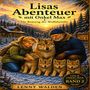 Buchtitel: "Lisas Abenteuer mit Onkel Max – Die Rettung der Wolfsfamilie". Illustration von Mädchen, Mann und Wölfen im Schnee.