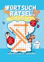 "WORTSUCH RÄTSEL FÜR KINDER AB 6" auf blauem Hintergrund, mit Tierillustrationen und Wortgitter.