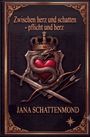 Ein rotes Herz mit einer Krone und Schlange. Schwerter und Pfeile kreuzen sich darunter. Verzierter Hintergrund.