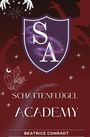 „SCHATTENFLÜGEL ACADEMY“ steht über einem purpurnen Wappen mit den Buchstaben „SA“. Im Hintergrund Drachen-Silhouetten.