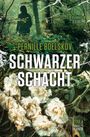 Text: "SCHWARZER SCHACHT", "PERNILLE BOELSKOV", "EIN BORNHOLM KRIMI". Eine Frau im Wald, weiße Blumen im Vordergrund.