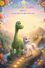 "Butzifu & Lumi, Band 3, Mutig sein für dich und mich." Ein fröhlicher Dinosaurier und Einhorn auf einer blumengesäumten Brücke.