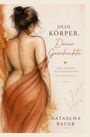 „Dein Körper. Deine Geschichte.“ Illustration einer Frau von hinten mit rotem Tuch. Text: „Du bist genug.“