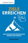 "ZIELE ERREICHEN", darauf "mit Strategie". Illustration: Berg mit Fahne und Pfad.
