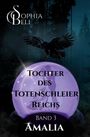 „Tochter des Totenschleier Reichs“, Band 3, Amalia. Ein Rabe fliegt über eine lila Kugel mit tanzendem Paar.