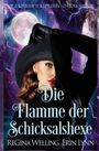 „Die Flamme der Schicksalshexe“ von Regina Welling und Erin Lynn. Frau mit Hut, Vollmond, Blitz. Mystische Atmosphäre.