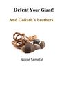 "Defeat Your Giant! And Goliath's brothers!" Nicole Sametat. Eine Steinschleuder mit Steinen, auf hellem Grund.