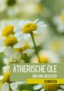 Text: "Rosina J. Ätherische Öle und ihre Begleiter. Schmerzen." Hintergrund: Nahaufnahme einer Kamillenblüte.