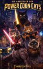 Eine Illustration von Katzen in abenteuerlichen Outfits mit Lichtschwertern und futuristischen Waffen in einer Stadt bei Nacht.