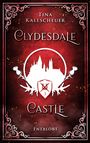 „Tina Kallscheuer, Clydesdale Castle, Entblößt“. Burg-Silhouette, Wappen mit gekreuzten Schwertern, rote Verzierungen.