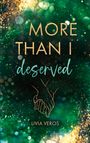 "MORE THAN I deserved" und "LIVIA VEROS" auf glitzerndem, grünem Hintergrund. Zeichnung zweier Hände.