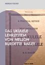 "DAS UKULELE LEHRSYSTEM VON NELSON BURDETTE BAILEY". Im Hintergrund alte Buchcover-Elemente, strukturiert, gedämpfte Farben.