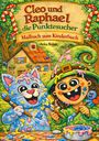 Titel: "Cleo und Raphael die Punktesucher"  
Illustration einer Katze und einem fröhlichen Kind mit Farbe.