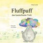 "Fluffpuff das kunterbunte Vieh", von Gina Loose. Keine KI - nur Kunst. Illustration eines fröhlichen, bunten Wesens.
