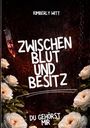"Zwischen Blut und Besitz. Du gehörst mir." Ein blutiges Messer und weiße Rosen auf dunklem Hintergrund.