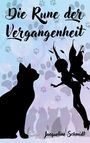 "Die Rune der Vergangenheit" steht groß. Eine Silhouette einer Fee trifft auf eine Katzen-Silhouette, umgeben von Pfotenabdrücken.