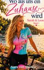 „Wo aus uns ein Zuhause wird, Sarah & Leon, Band 1“. Eine Frau in bunter Sportkleidung steht am Wasser mit Fahrrad.