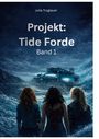 „Julia Troglauer, Projekt: Tide Forde, Band 1“. Drei Personen blicken auf eine stürmische See und ein futuristisches Gebäude.