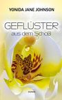 „GEFLÜSTER aus dem Schoß“ über einer Nahaufnahme einer gelben Blüte mit Wassertropfen.