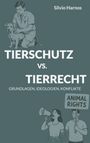 Oben links: Silvio Harnos. Groß: TIERSCHUTZ vs. TIERRECHT. Klein: GRUNDLAGEN, IDEOLOGIEN, KONFLIKTE. Illustration eines Mannes mit Hund und Aktivisten mit Megafon und Schild.