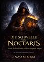 „Die Schwelle von Noctaris. Wenn die Stadt atmet, wird aus Angst ein Körper.“ Eine Figur in Kapuze hält ein leuchtendes Buch.