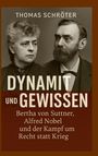 „THOMAS SCHRÖTER; DYNAMIT UND GEWISSEN; Bertha von Suttner, Alfred Nobel und der Kampf um Recht statt Krieg.“ Zwei Menschen in Sepia.