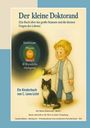 "Der kleine Doktorand". Ein Kind in Laborkittel mit Taschenlampe neben Katze. Blau-braune Ringe: Universum, Pflanze, Tier.