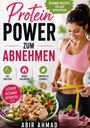 „Protein Power zum Abnehmen“. Eine Frau misst ihre Taille, daneben ein Salat und Smoothie.