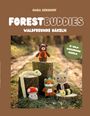"Forest Buddies: Waldfreunde häkeln." Fünf gehäkelte Tiere und ein Pilz auf Baumstümpfen in einer Waldszene.