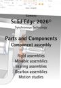 Text: "Hans-J. Engelke, Siemens, Solid Edge 2026, Synchronous Technology, Parts and Components, Component assembly, Rigid assemblies, Movable assemblies, Bearing assemblies, Gearbox assemblies, Motion studies." Im Hintergrund technische Zeichnung.