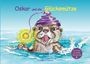 „Oskar und die Glücksmütze“, Illustration eines fröhlichen Otters mit lila Mütze im Wasser, hellblauer Hintergrund.