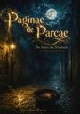 „Paginae de Parcae - Die Seiten des Schicksals“ steht in goldener Schrift. Vollmond über gepflasterter Gasse.