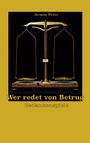 "Wer redet von Betrug. Gedankenspiele. Armin Peter." Abbildung einer antiken Waage auf schwarzem und goldfarbenem Hintergrund.