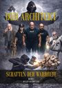 "DER ARCHITEKT", "SCHATTEN DER WAHRHEIT", "BAND 1", "RENATO HILTBRUNNER". Illustration mit Figuren, Waffen und Gewitter.